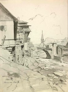 Trzic, Scene with Bridge and Church in the Background by Ladislav Benesch